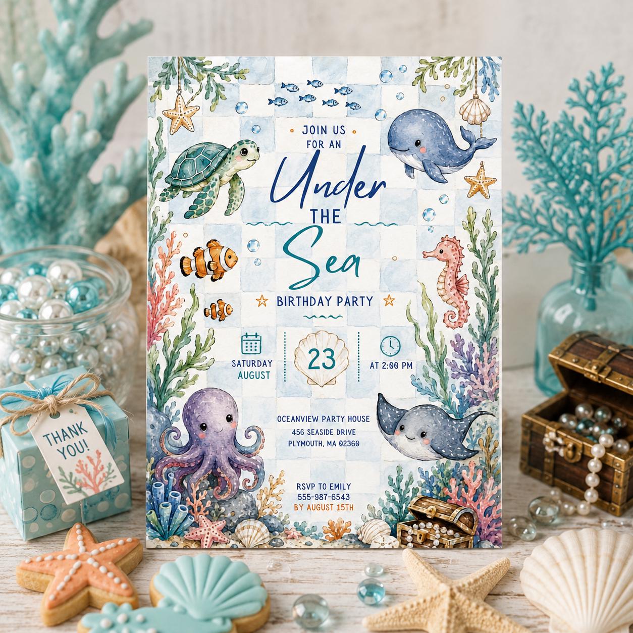 Editable Oneder the Sea Birthday Invitation Canva Template, Boys Kids Cute Fun DIY Sweet Chic Teen Party Invite, Printable Digital Download.
