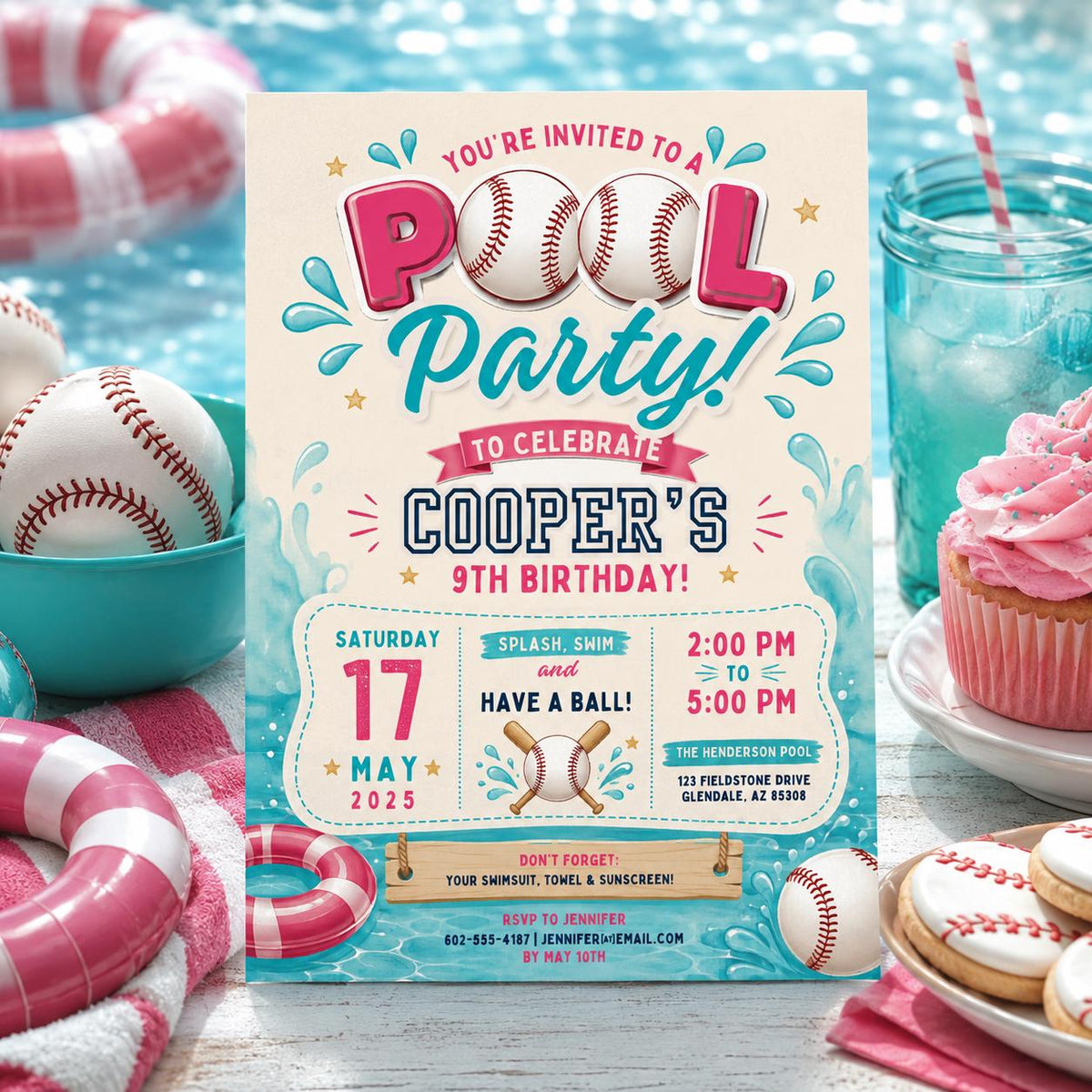 Editable Baseball Pool Birthday Invitation Canva Template, Cream Teens Pool Cute Fun DIY Chic Kids Party Invite, Printable Digital Download.