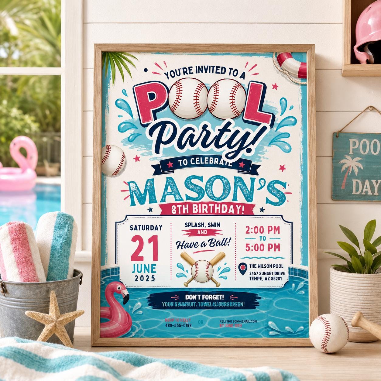 Editable Baseball Pool Birthday Invitation Canva Template, Cream Teens Pool Cute Fun DIY Chic Kids Party Invite, Printable Digital Download.