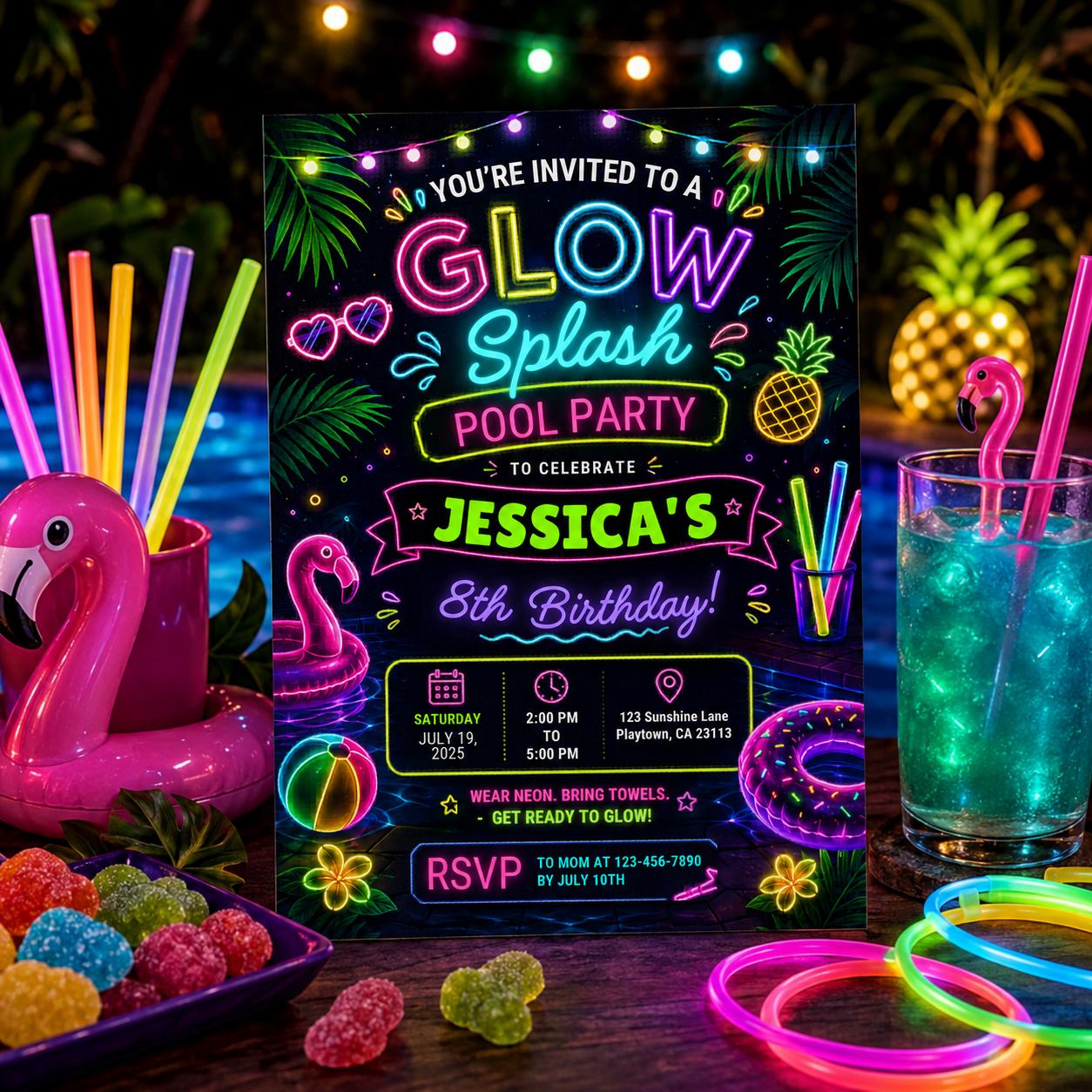 Editable Pool Birthday Invitation Canva Template, Neon Girls Pool Cute Modern Fun Themed DIY Sweet Party Invite, Printable Digital Download.