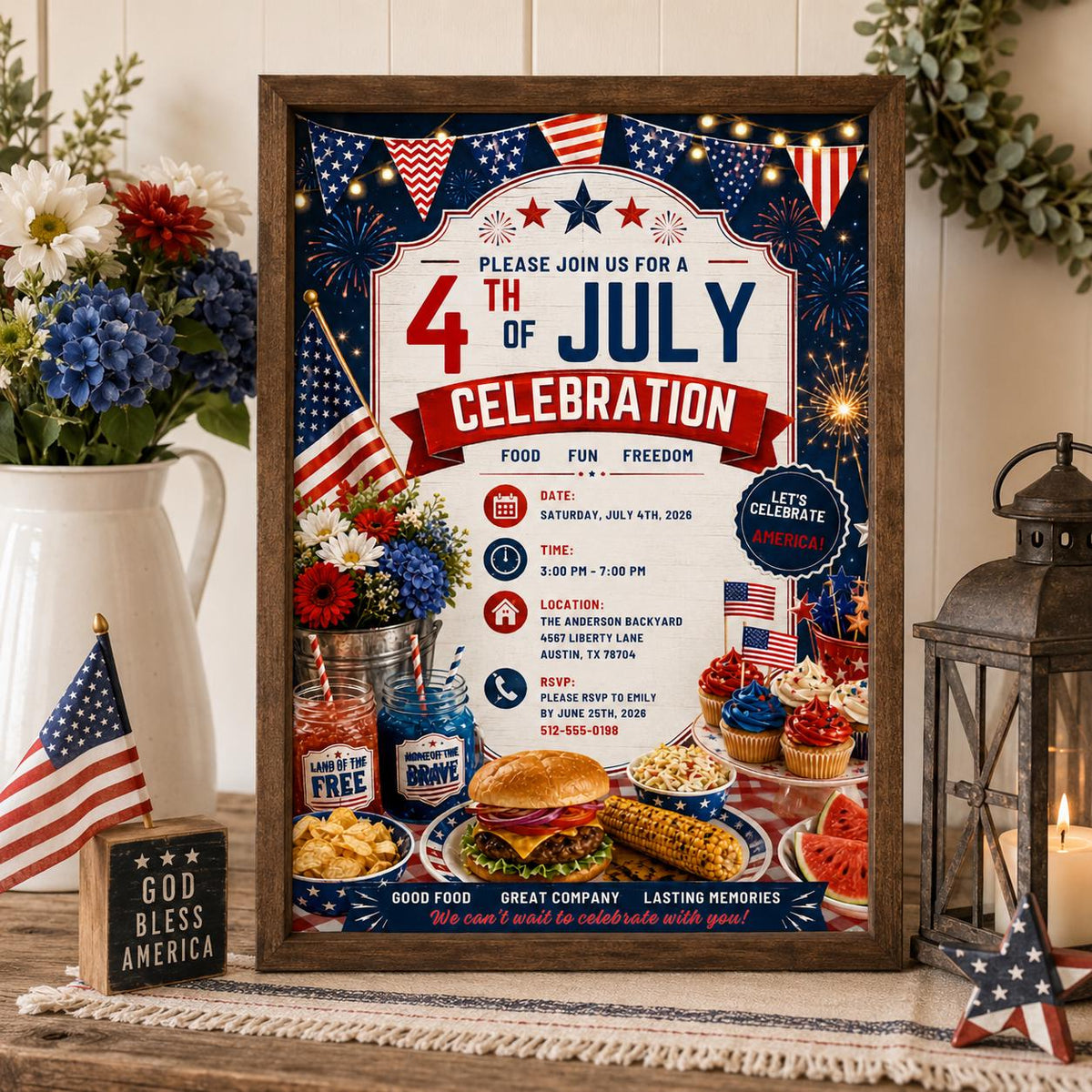 Editable 4th of July Celebration Birthday Invitation Canva Template, Kids Cute Modern Fun DIY Chic Party Invite, Printable Digital Download.