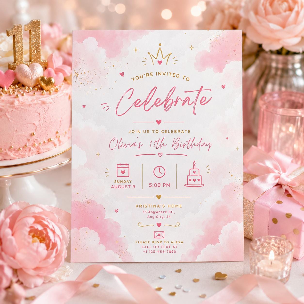 Editable Blush Pink Let Celebrate Baby Shower Invitation Canva Template, Gold Luxury Kids Cute Fun Party Invite, Printable Digital Download.