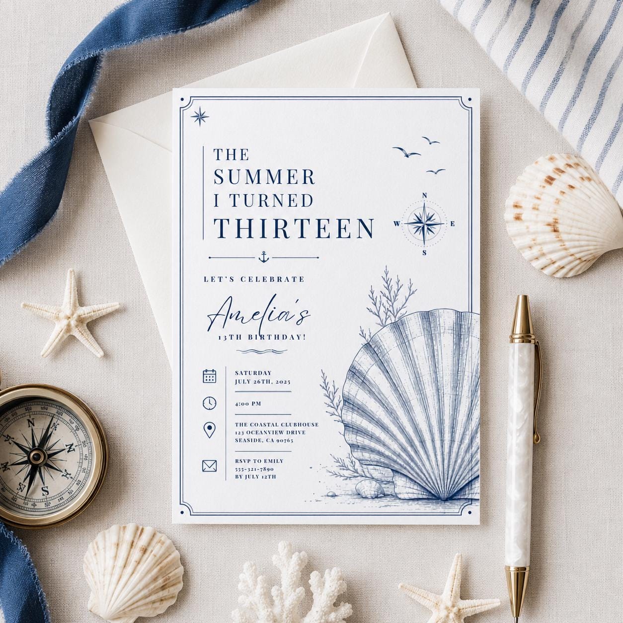 Editable Coastal Birthday Invitation Canva Template, Blue Girls Teens Beach Cute Fun DIY Chic Kids Party Invite, Printable Digital Download.