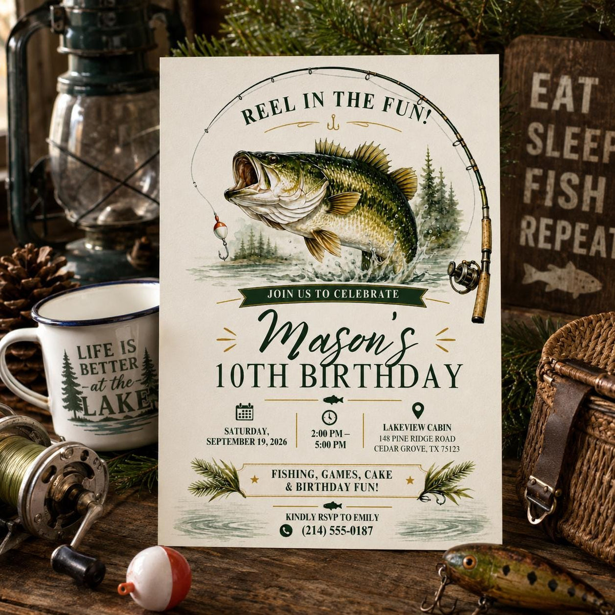 Editable Fishing Birthday Invitation Canva Template, Boys Kids Cute Modern Fun DIY Sweet Chic Teen Party Invite, Printable Digital Download.