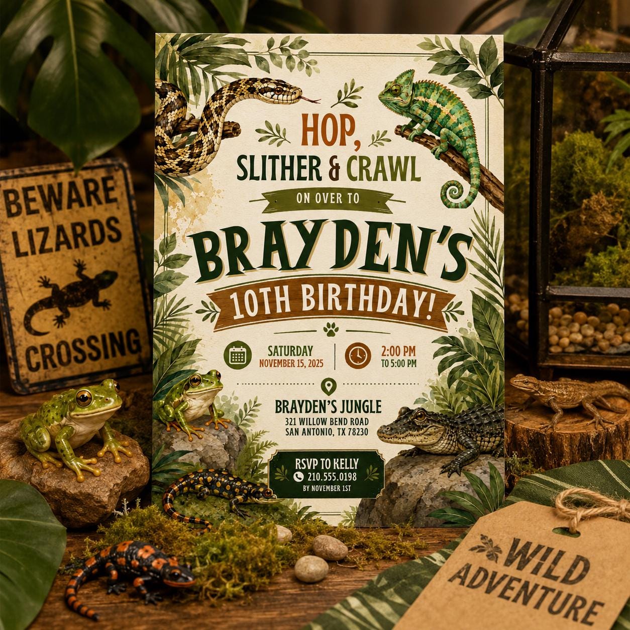 Editable Reptile Birthday Invitation Canva Template, Boys Cute Modern Fun DIY Sweet Chic Kids Teen Party Invite, Printable Digital Download.