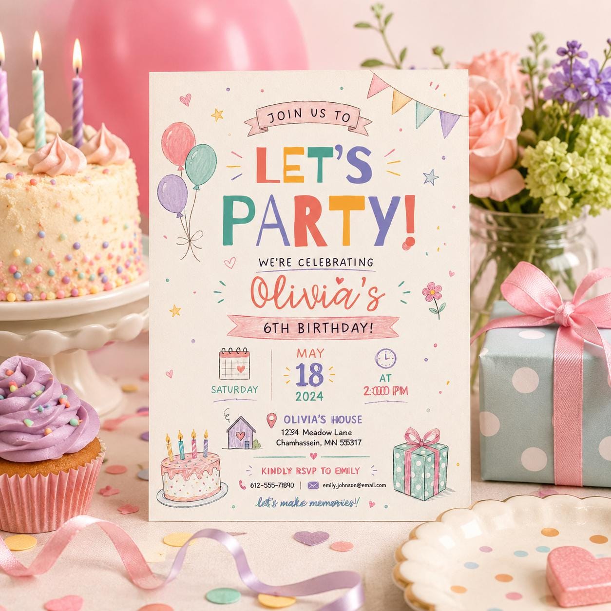 Editable Let Birthday Invitation Canva Template, Pastel Preppy Girls Cute Modern Fun DIY Chic Kids Party Invite, Printable Digital Download.