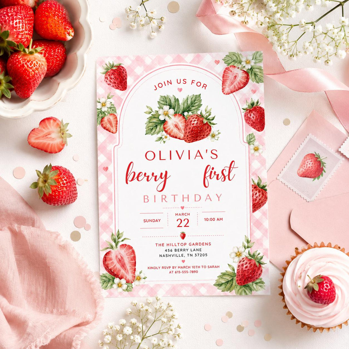 Editable Berry First Birthday Invitation Canva Template, Pink Girls Kids Cute Modern Fun DIY Sweet Party Invite, Printable Digital Download.