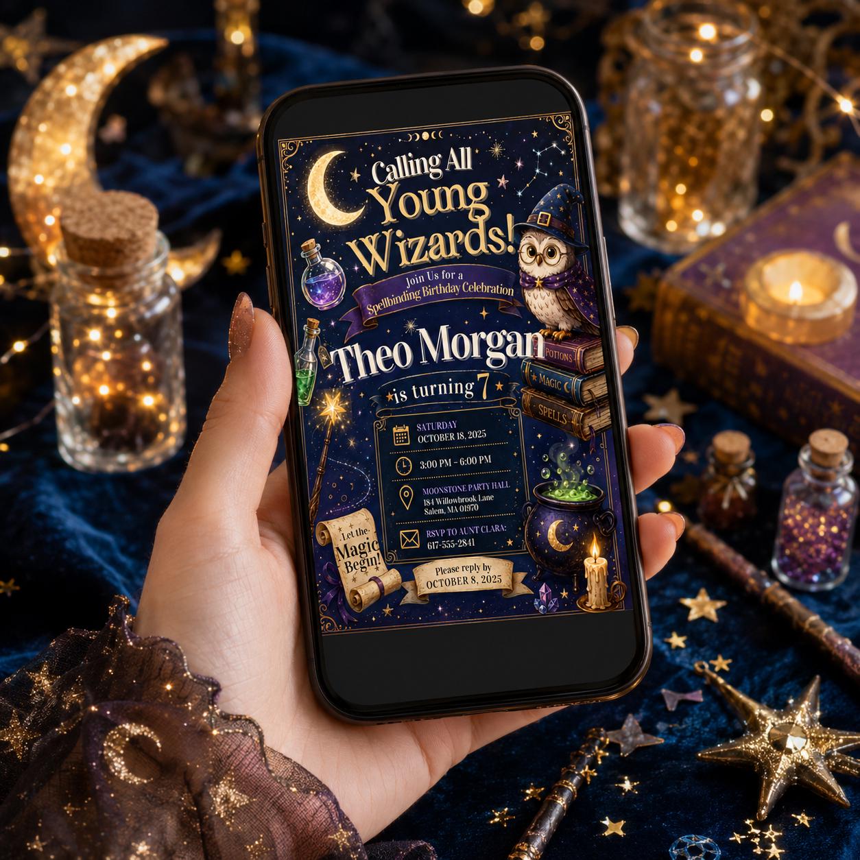 Editable Wizards Witches Birthday Invitation Canva Template, Cute Modern Fun Themed DIY Sweet Chic Party Invite, Printable Digital Download.