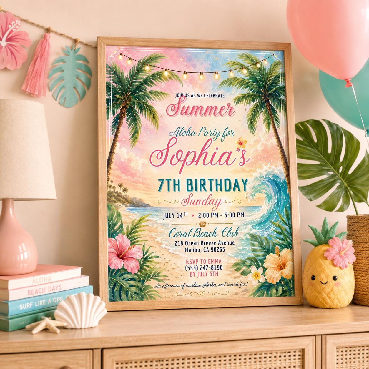 Editable Beach Birthday Invitation Canva Template, Pink Girls Beach Cute Modern Fun DIY Sweet Chic Party Invite, Printable Digital Download.
