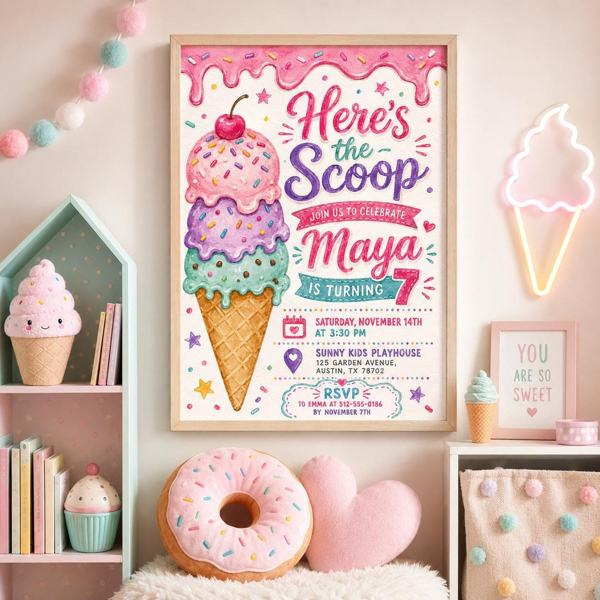 Editable Ice Cream Birthday Invitation Canva Template, Pink Mint Kids Sweet Cute Fun DIY Chic Teen Party Invite, Printable Digital Download.