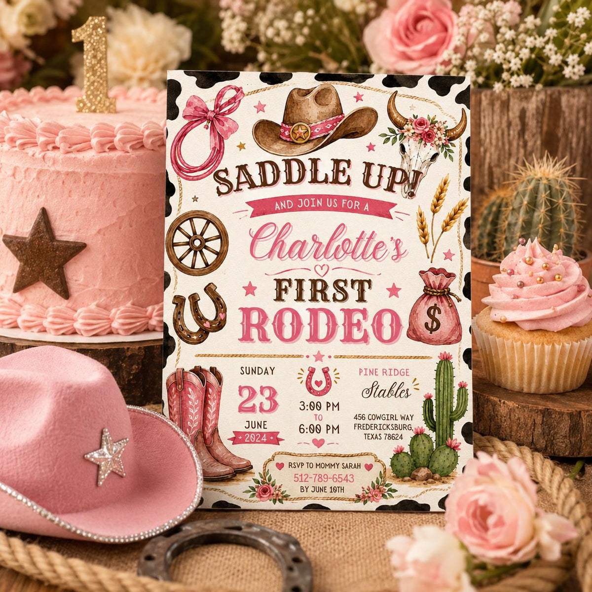 Editable Western Cowgirl Birthday Invitation Canva Template, Girls Kids Cute Modern Fun Themed DIY Party Invite, Printable Digital Download.