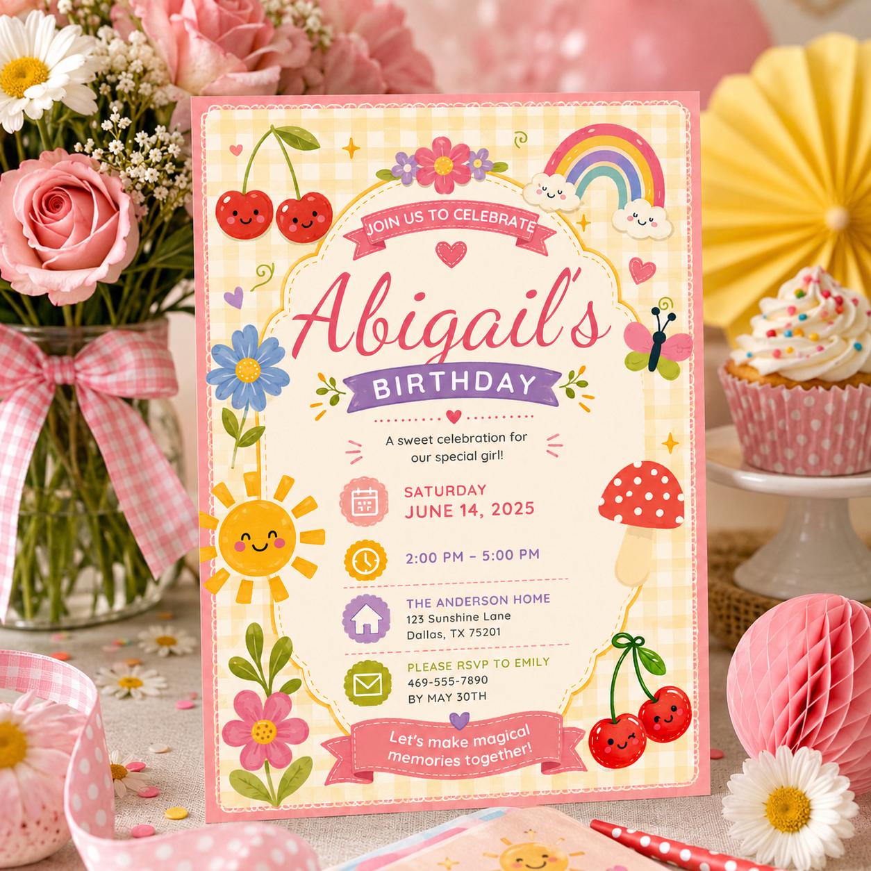 Editable Garden Birthday Invitation Canva Template, Pastel Girls Kids Cute Fun DIY Sweet Chic Teen Party Invite, Printable Digital Download.