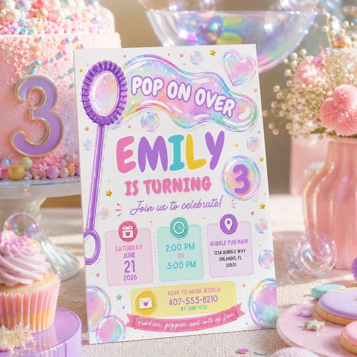 Editable Pastel Bubble Birthday Invitation Canva Template, Girls Kids Cute Fun DIY Sweet Chic Teen Party Invite, Printable Digital Download.