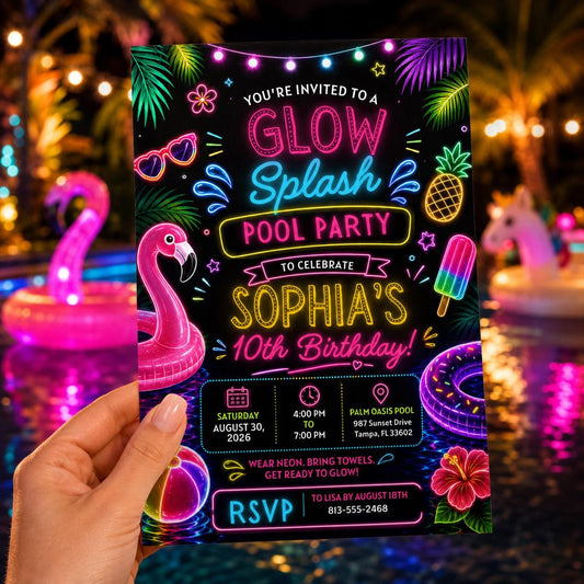 Editable Pool Birthday Invitation Canva Template, Neon Girls Pool Cute Modern Fun Themed DIY Sweet Party Invite, Printable Digital Download.
