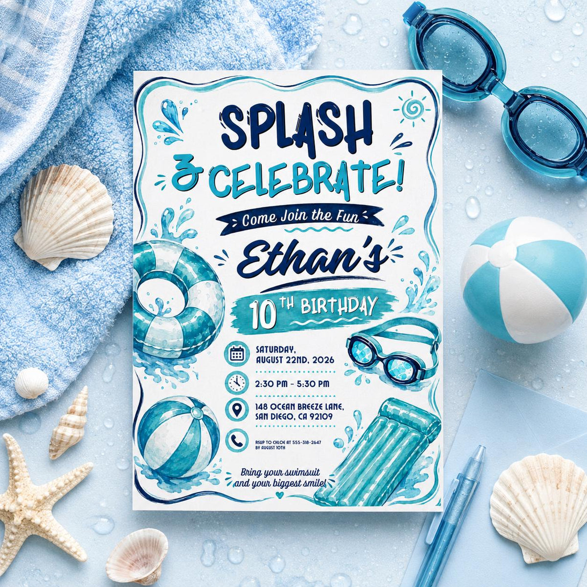 Editable Pool Birthday Invitation Canva Template, Boys Teens Pool Cute Modern Fun Themed DIY Sweet Party Invite, Printable Digital Download.