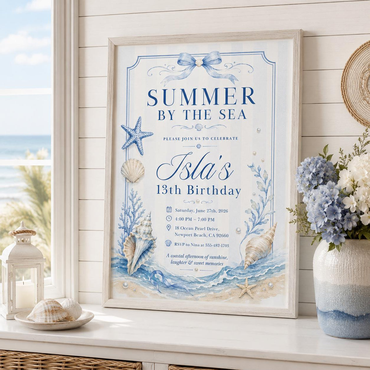 Editable Coastal Birthday Invitation Canva Template, Blue Girls Teens Beach Cute Fun DIY Chic Kids Party Invite, Printable Digital Download.