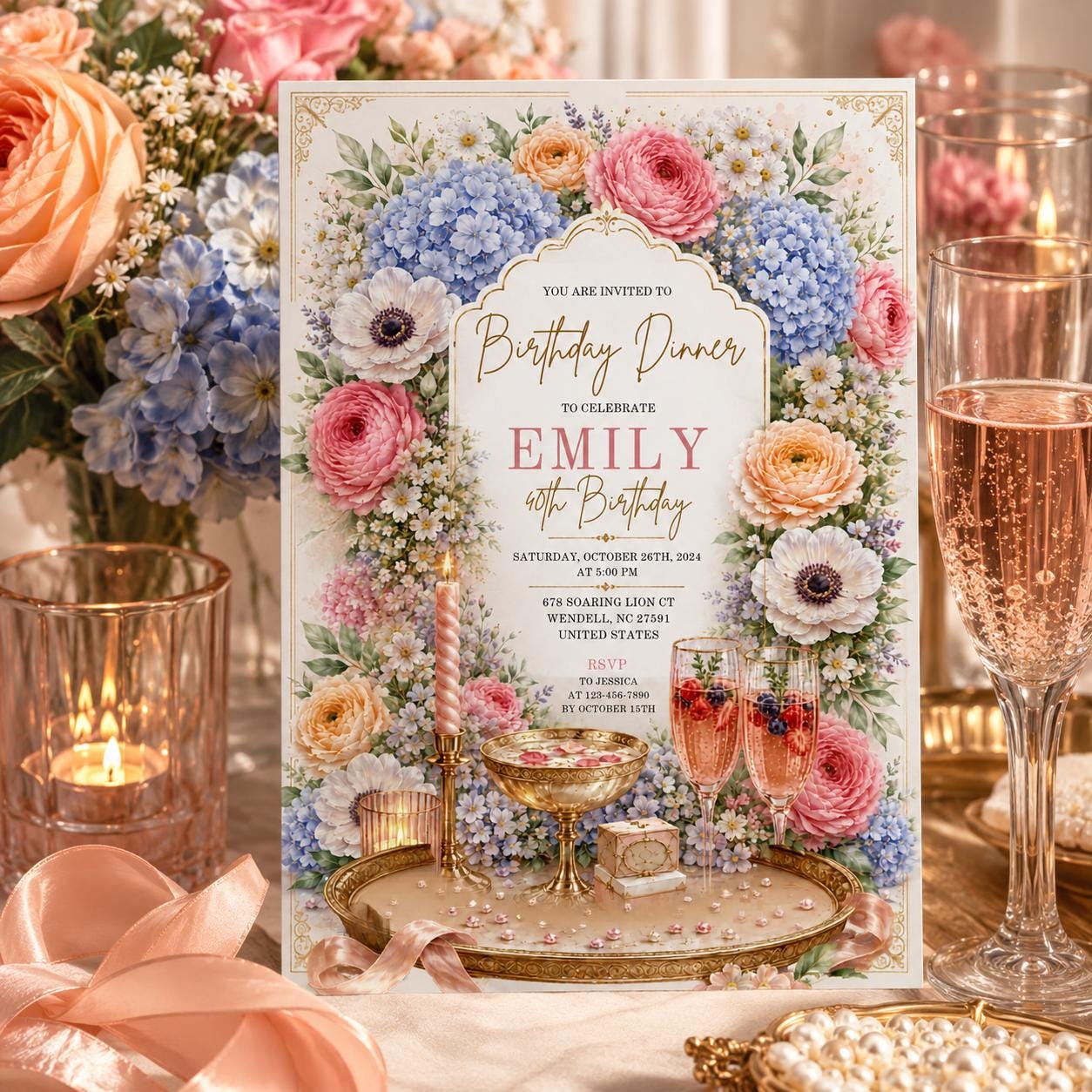 Editable Floral Birthday Invitation Canva Template, Luxury Girls Adult Cute Fun DIY Chic Kids Teen Party Invite, Printable Digital Download.