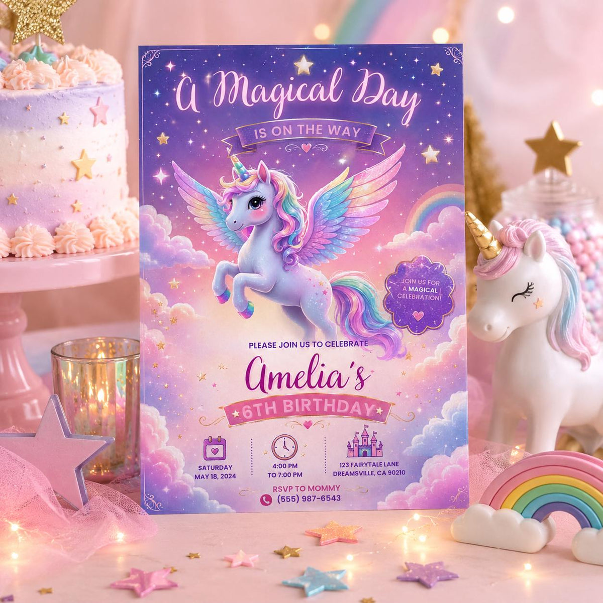 Editable Rainbow Birthday Invitation Canva Template, Girls Cute Fun DIY Sweet Chic Kids Teen Tween Party Invite, Printable Digital Download.