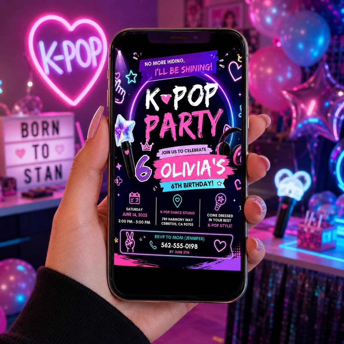 Editable Neon Glow Birthday Invitation Canva Template, Pink Girls Kids Neon Cute Fun DIY Chic Teen Party Invite, Printable Digital Download.