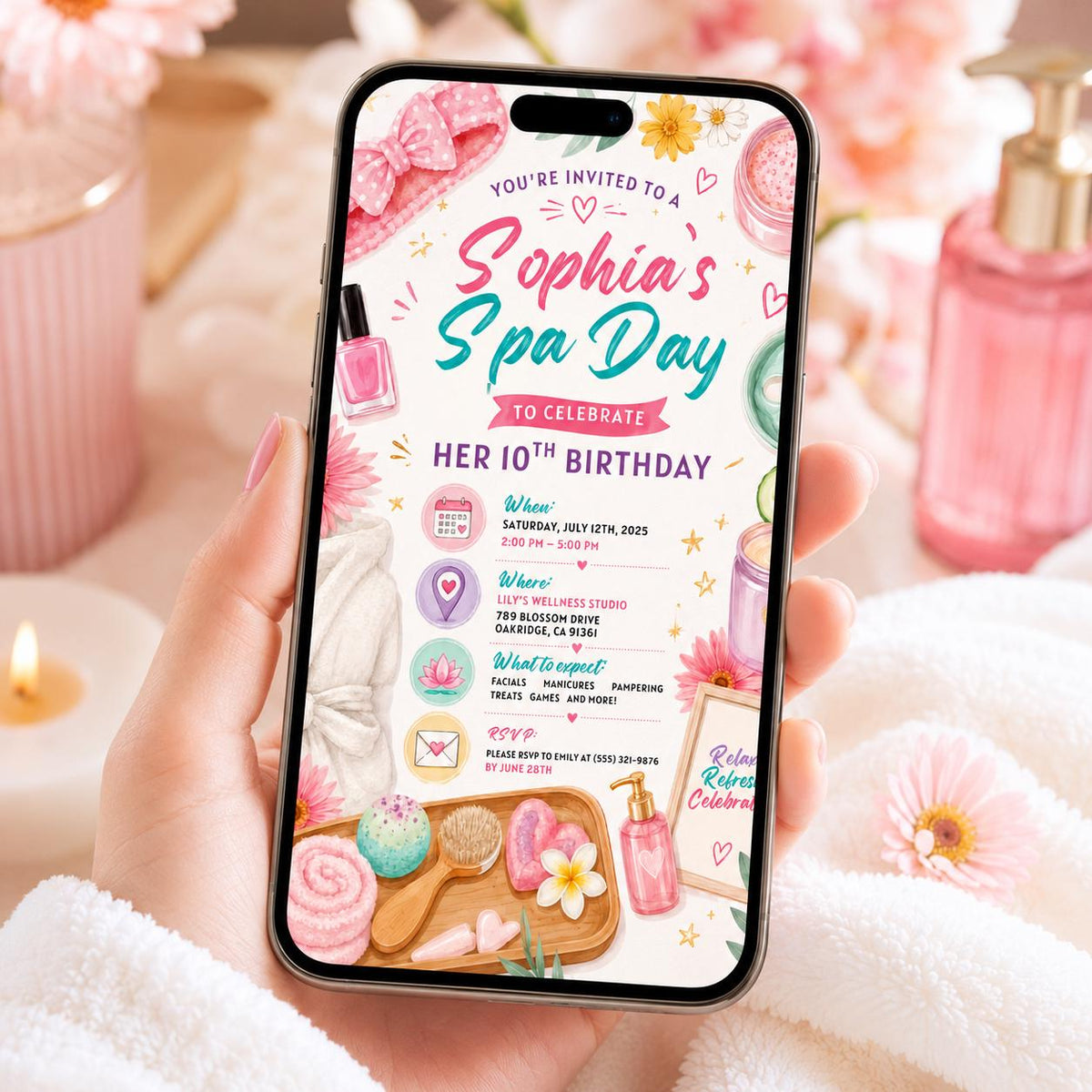 Editable Spa Birthday Invitation Canva Template, Girls Spa Cute Fun DIY Sweet Chic Kids Teen Tween Party Invite, Printable Digital Download.