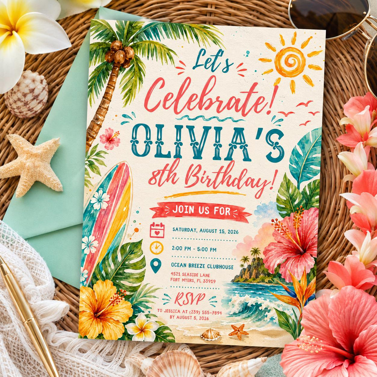 Editable Tropical Birthday Invitation Canva Template, Summer Cute Modern Fun Themed DIY Sweet Chic Party Invite, Printable Digital Download.