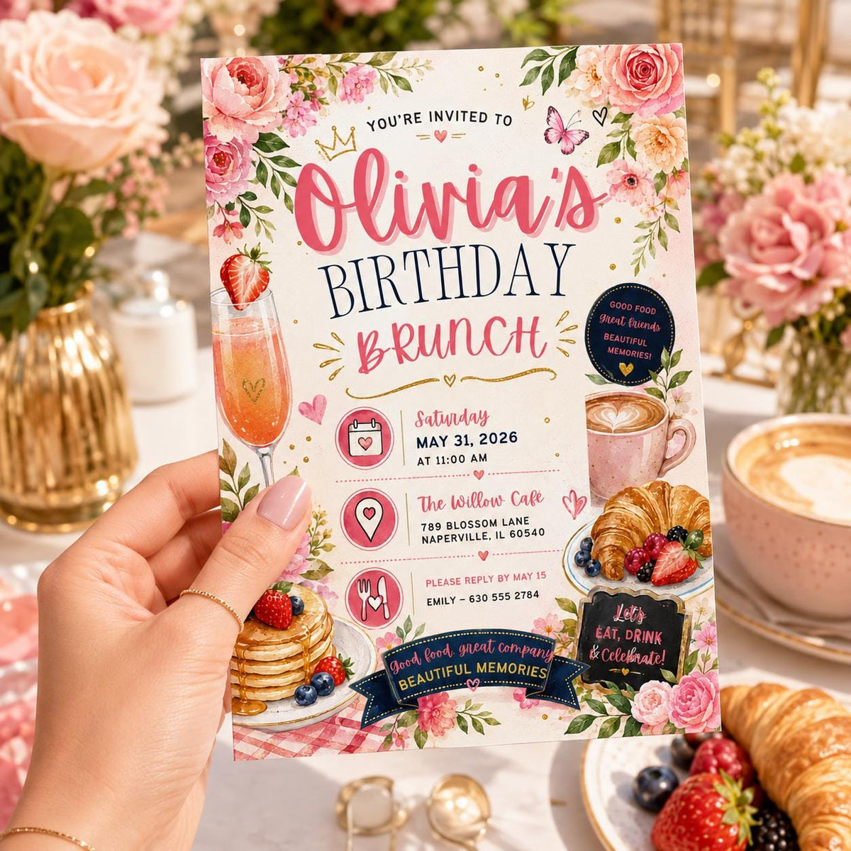 Editable Floral Birthday Invitation Canva Template, Pink Blush Girls Adult Cute Fun DIY Sweet Chic Party Invite, Printable Digital Download.