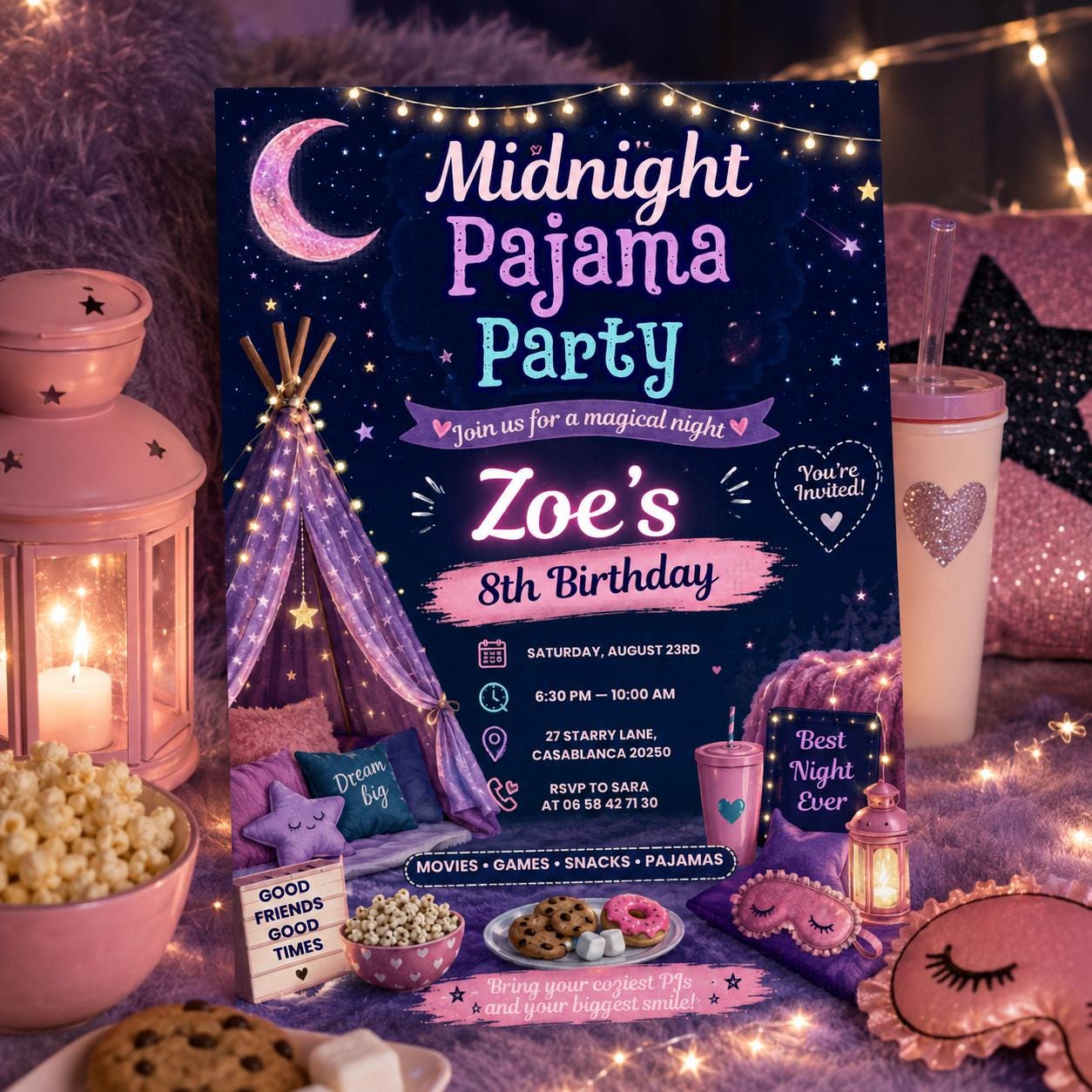 Editable Sleepover Birthday Invitation Canva Template, Neon Girls Cute Modern Fun Themed DIY Sweet Party Invite, Printable Digital Download.