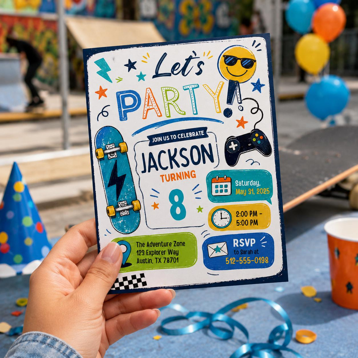 Editable Lets Birthday Invitation Canva Template, Blue Green Boys Kids Any Age Cute Modern Fun DIY Party Invite, Printable Digital Download.
