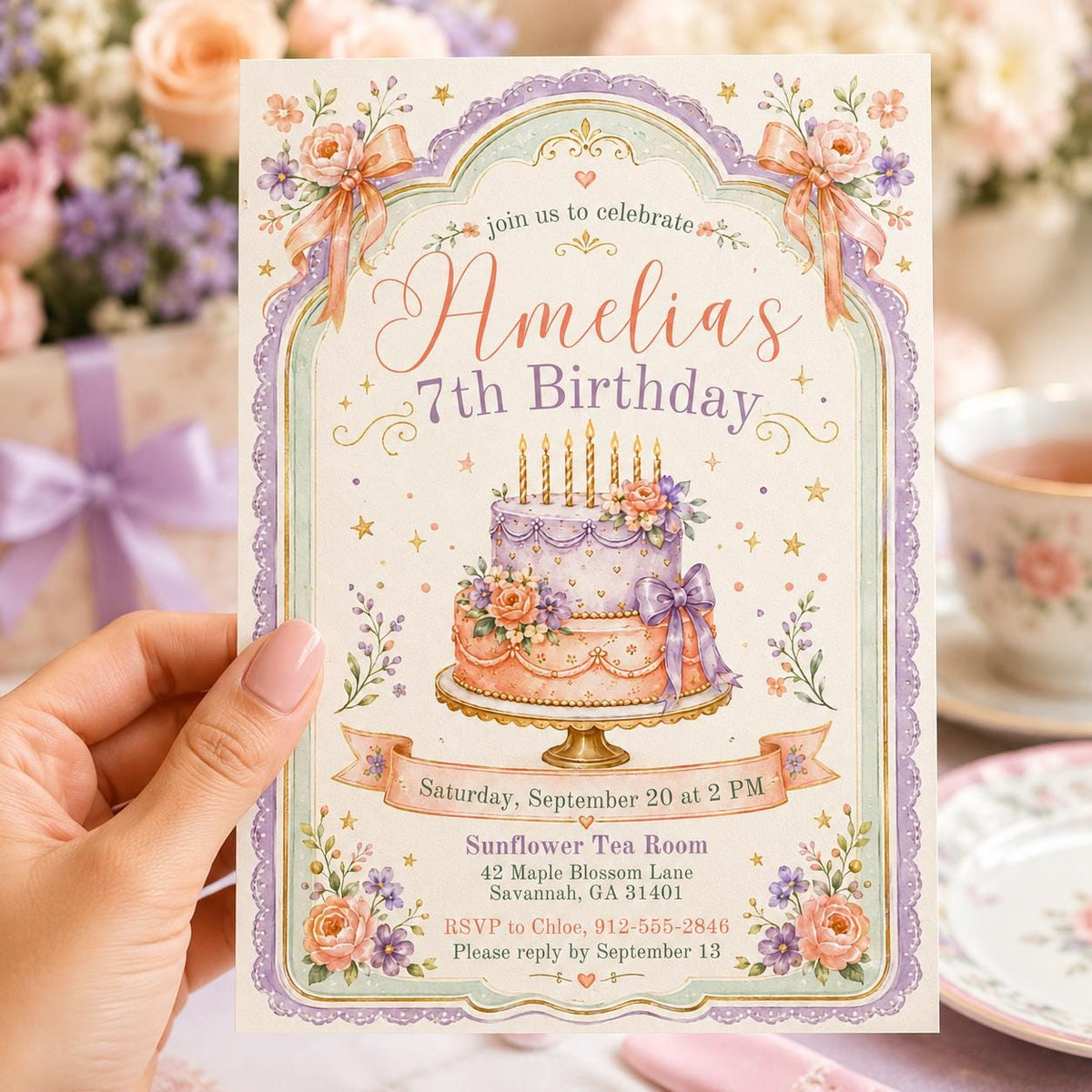 Editable Pink Bow Birthday Invitation Canva Template, Blush Luxury Bow Cute Fun DIY Chic Kids Teen Party Invite, Printable Digital Download.