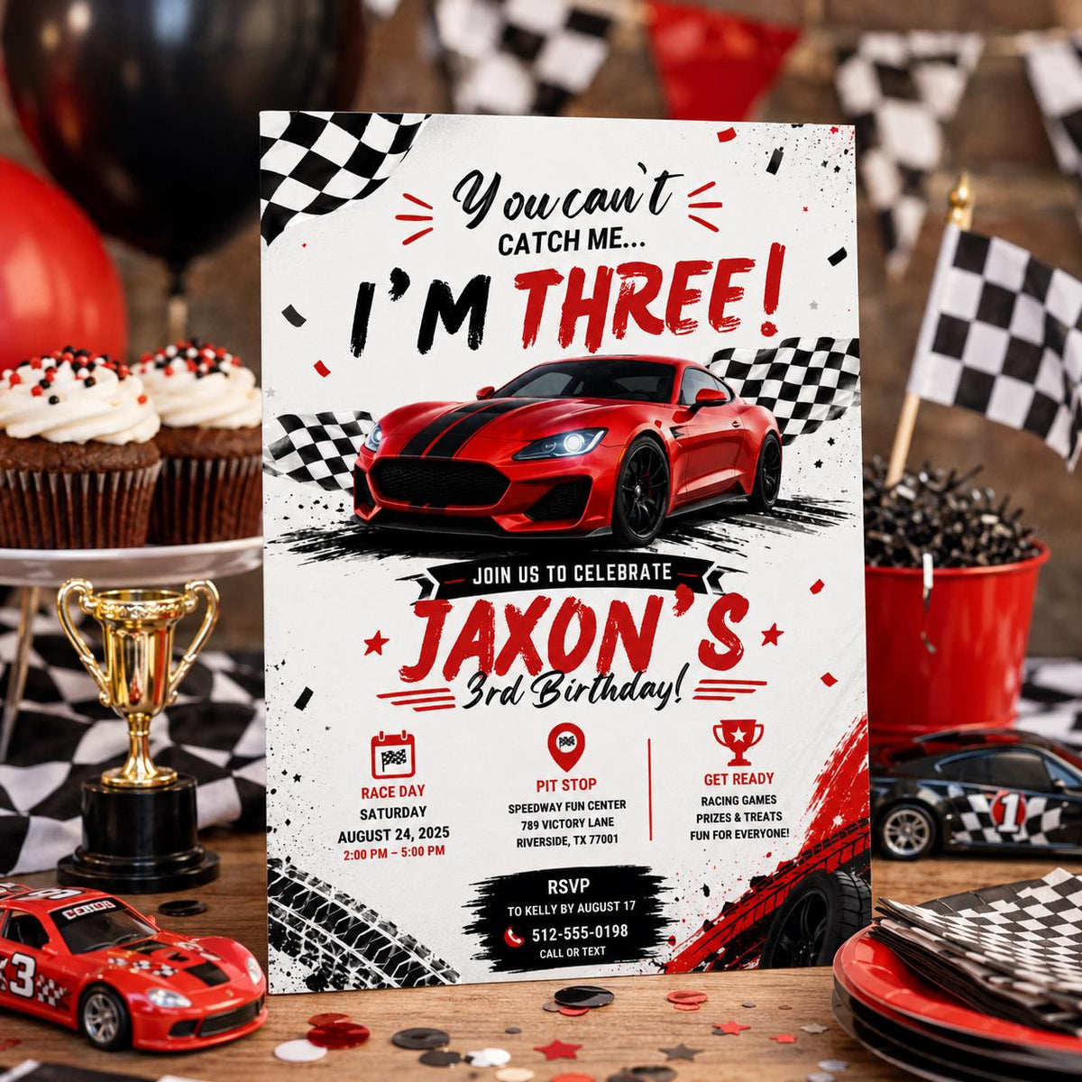 Editable Race Car Birthday Invitation Canva Template, Red Boys Kids Racing Cute Fun DIY Sweet Chic Party Invite, Printable Digital Download.