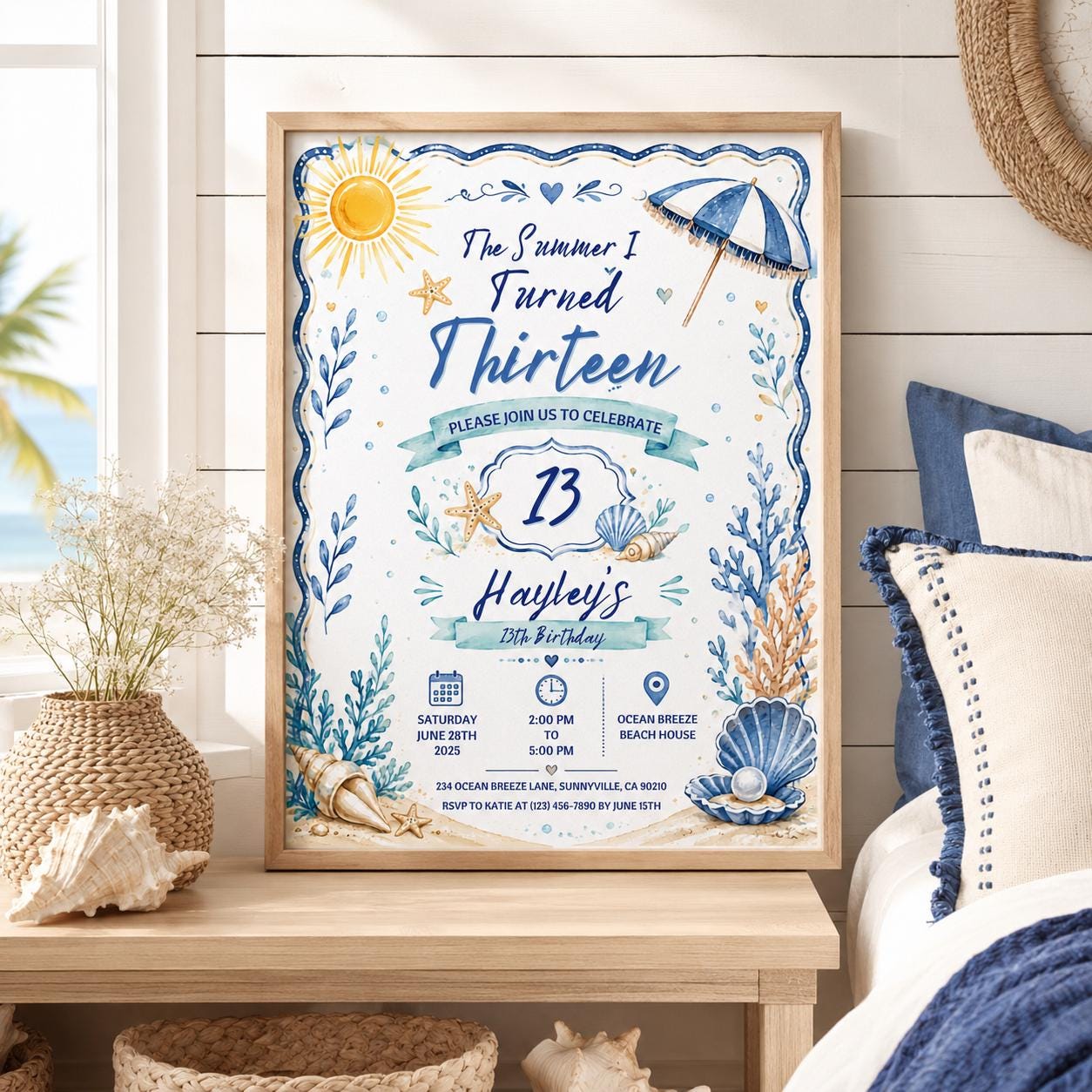 Editable Coastal Birthday Invitation Canva Template, Beach Cute Fun DIY Sweet Chic Kids Teen Tween Party Invite, Printable Digital Download.