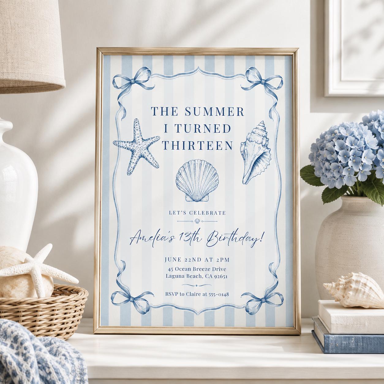 Editable Coastal Birthday Invitation Canva Template, Blue Girls Teens Beach Cute Fun DIY Chic Kids Party Invite, Printable Digital Download.