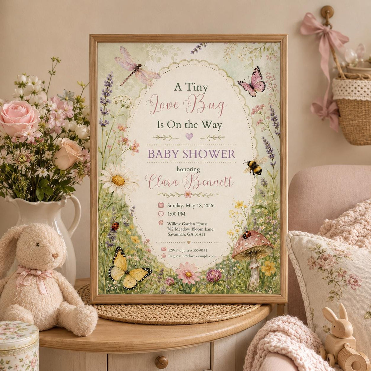 Editable Floral Baby Shower Invitation Canva Template, Preppy Girls Kids Floral Cute Fun DIY Sweet Party Invite, Printable Digital Download.