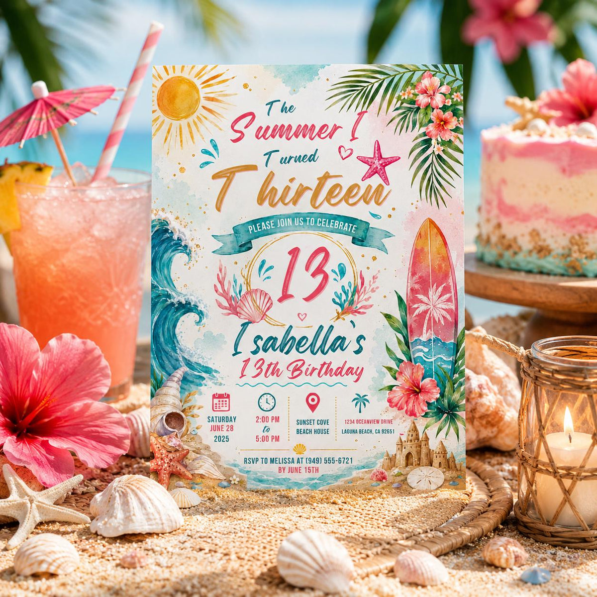 Editable Coastal Birthday Invitation Canva Template, Beach Cute Fun DIY Sweet Chic Kids Teen Tween Party Invite, Printable Digital Download.