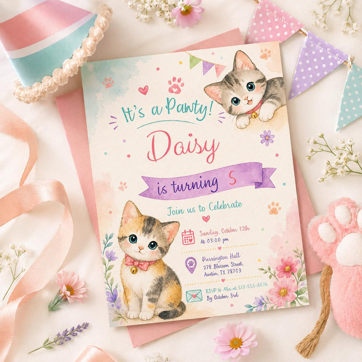 Editable Cute Kitty Birthday Invitation Canva Template, Kitty Cute Modern Fun Themed DIY Chic Kids Party Invite, Printable Digital Download.
