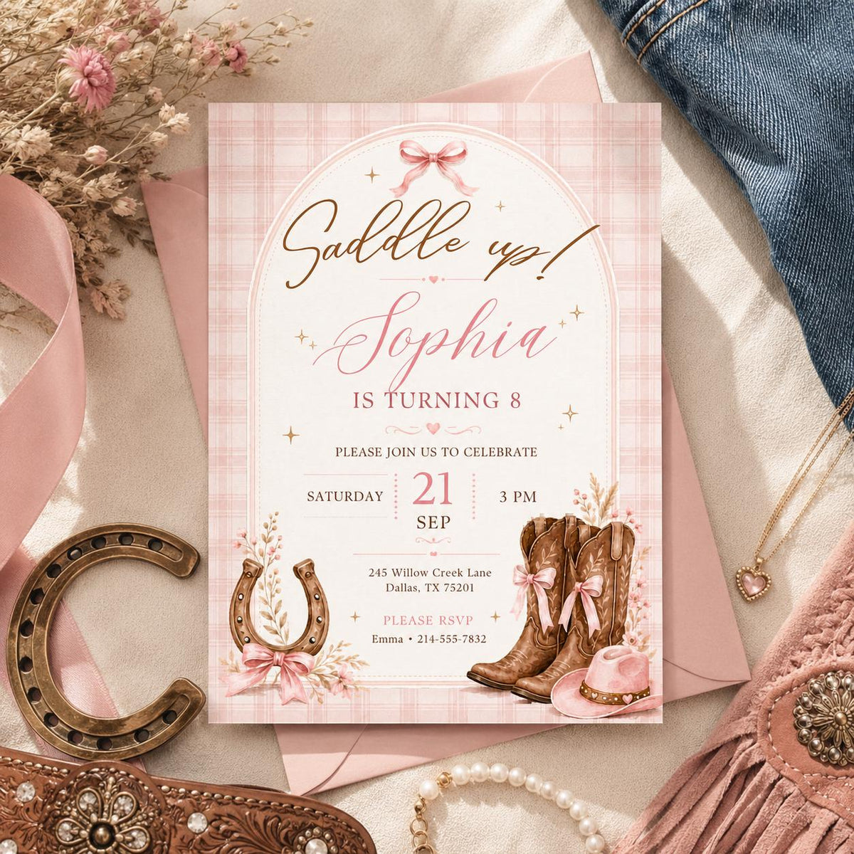 Editable Western Cowgirl Birthday Invitation Canva Template, Pink Girls Cute Modern Fun Themed DIY Party Invite, Printable Digital Download.