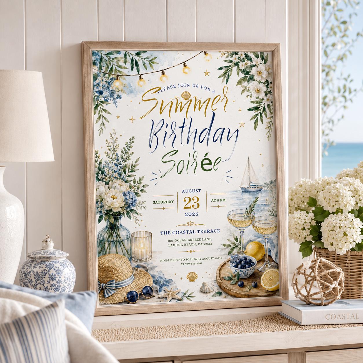 Editable Coastal Birthday Invitation Canva Template, Blue Girls Teens Beach Cute Fun DIY Chic Kids Party Invite, Printable Digital Download.