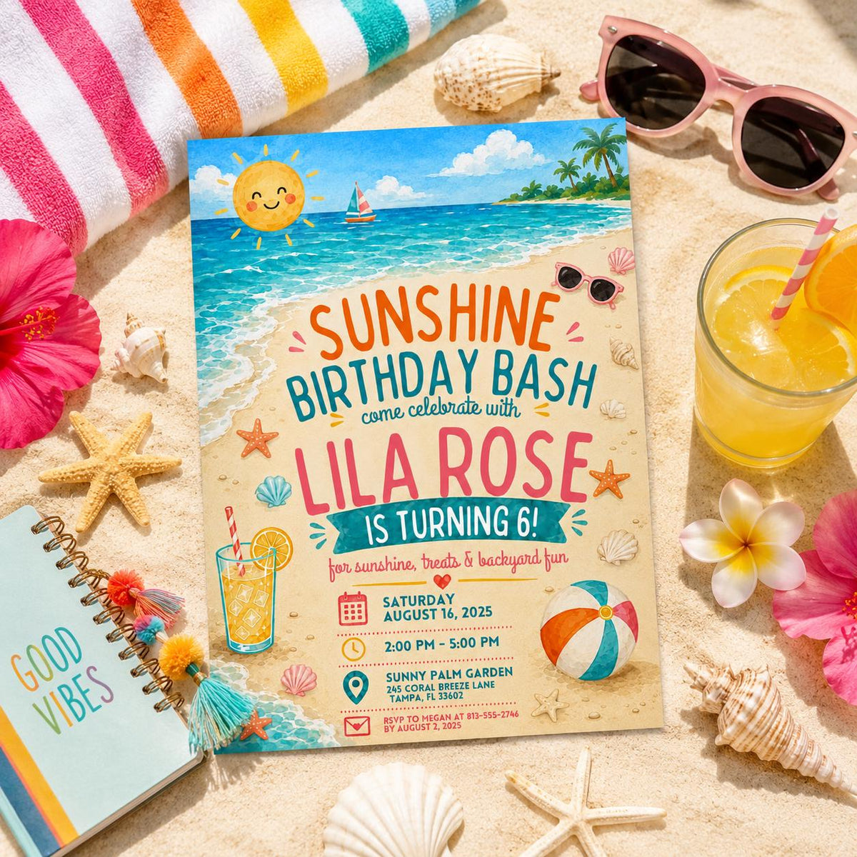 Editable Coastal Birthday Invitation Canva Template, Blue Girls Teens Beach Cute Fun DIY Chic Kids Party Invite, Printable Digital Download.