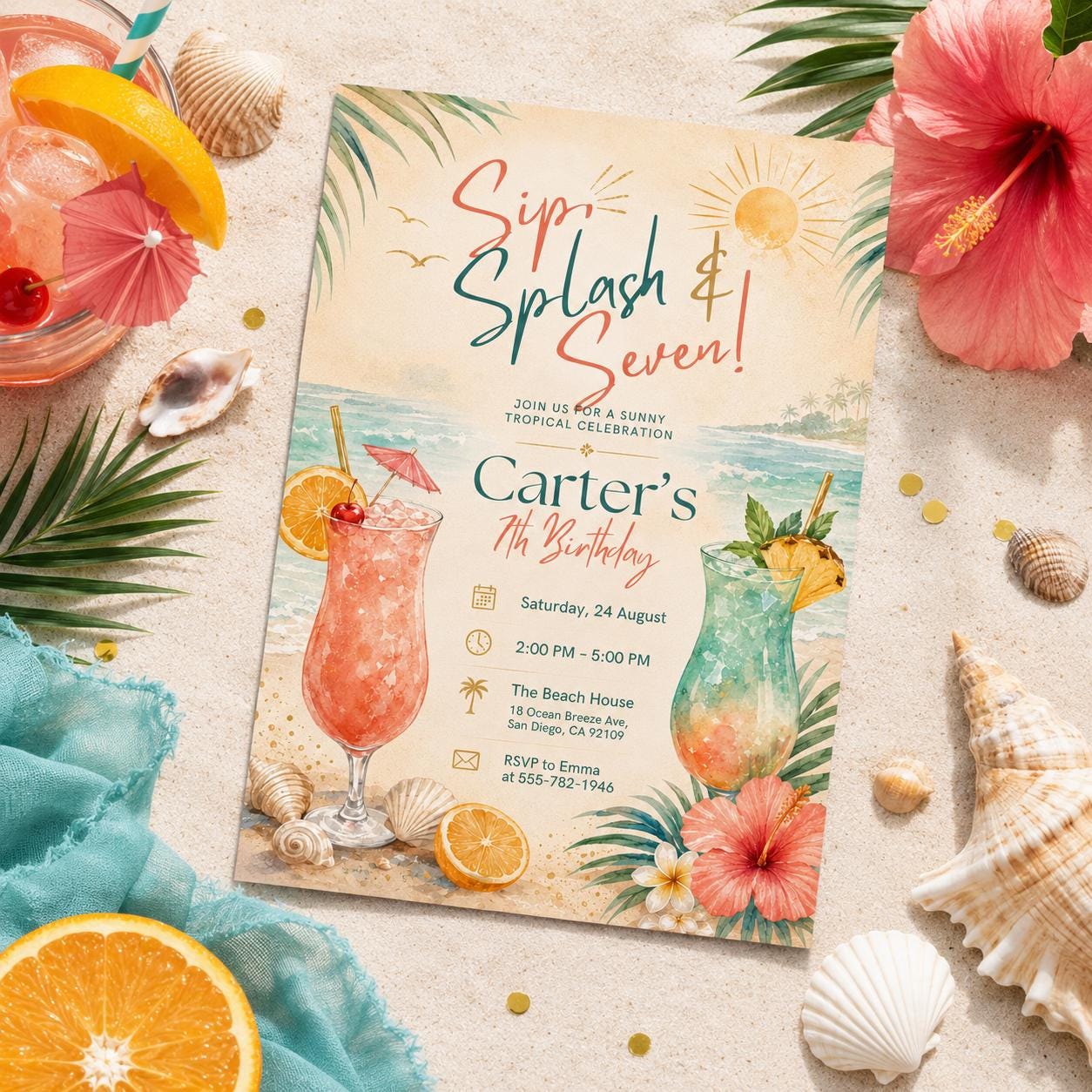 Editable Tropical Birthday Invitation Canva Template, Girls Adult Summer Cute Modern Fun DIY Sweet Party Invite, Printable Digital Download.