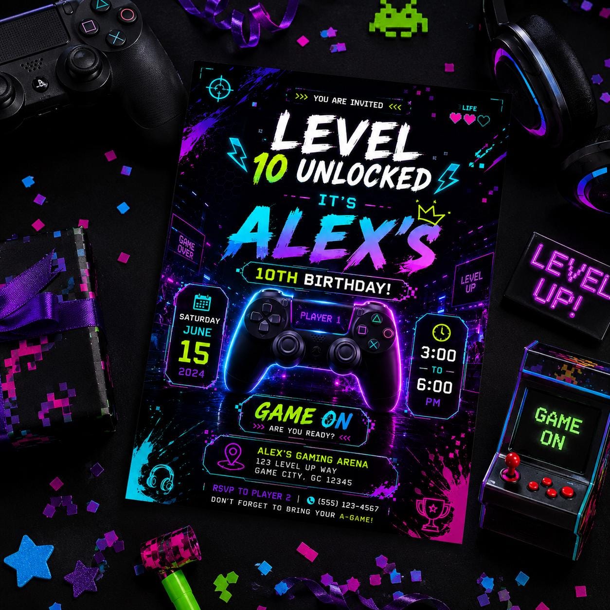 Editable Neon Glow Birthday Invitation Canva Template, Boys Teens Neon Cute Fun DIY Chic Kids Teen Party Invite, Printable Digital Download.