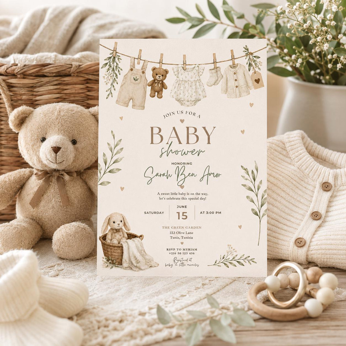 Editable Honey Bear Baby Shower Invitation Canva Template, Green Beige Boho Kids Bear Cute Fun DIY Party Invite, Printable Digital Download.