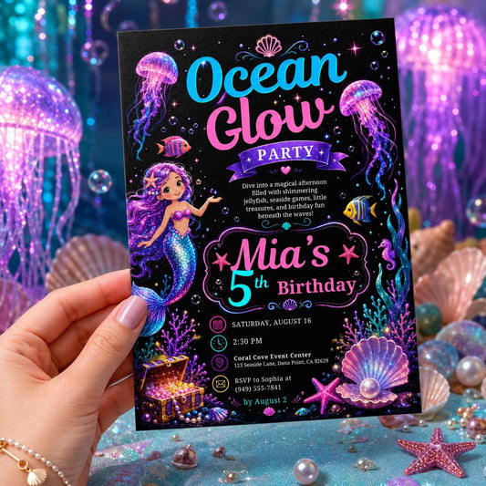 Editable Neon Glow Birthday Invitation Canva Template, Neon Cute Modern Fun Themed Custom DIY Chic Party Invite, Printable Digital Download.