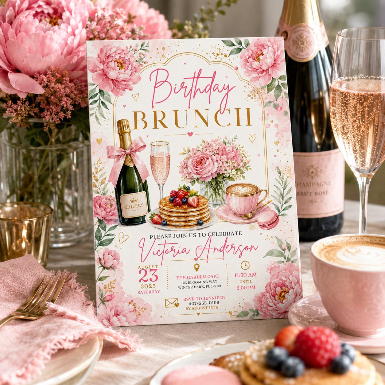 Editable Brunch Birthday Invitation Canva Template, Pink Floral Girls Adult Cute Fun DIY Chic Kids Party Invite, Printable Digital Download.