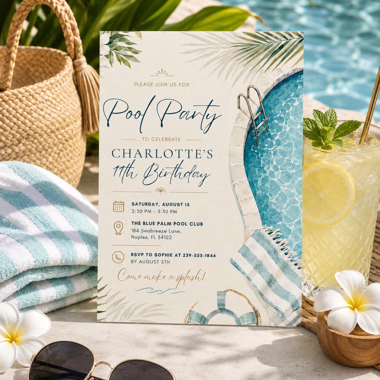 Editable Pool Birthday Invitation Canva Template, Kids Teens Pool Cute Modern Fun Themed DIY Sweet Party Invite, Printable Digital Download.