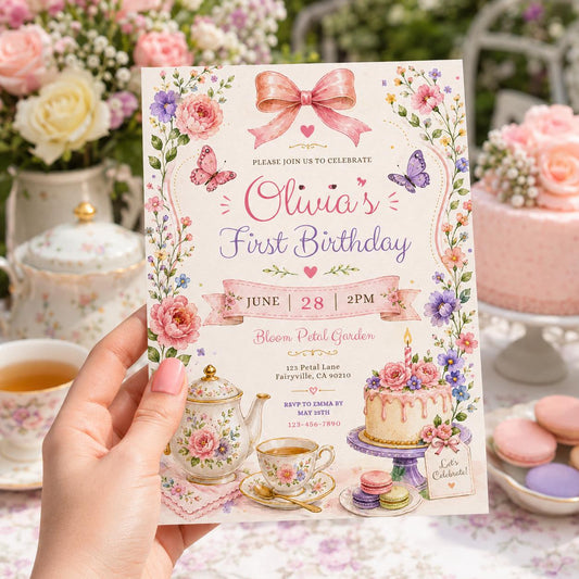 Editable Pink Bow Birthday Invitation Canva Template, Boho Floral Girls Kids Bow Cute Fun DIY Chic Party Invite, Printable Digital Download.