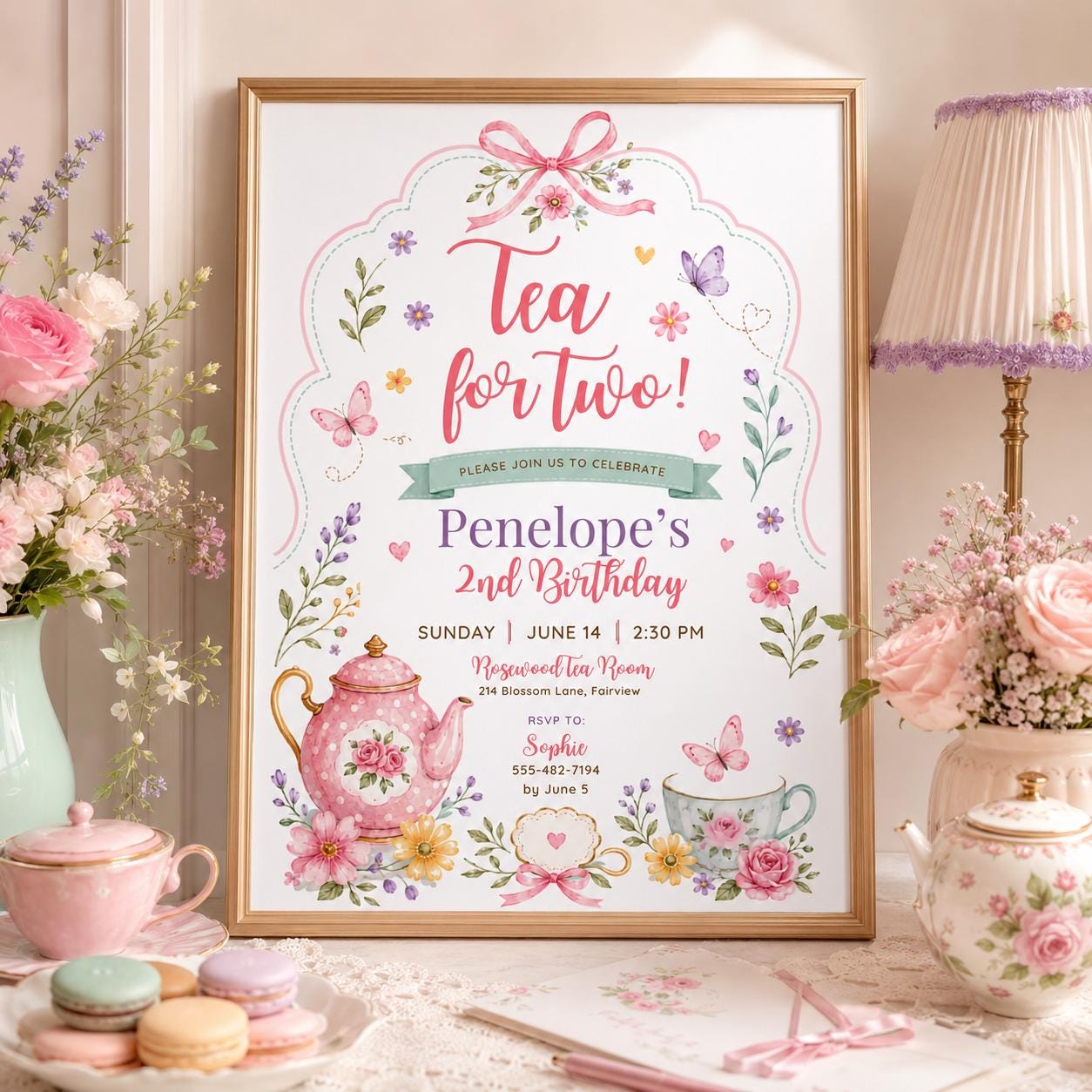 Editable Tea Birthday Invitation Canva Template, Pink Blush Girls Kids Adult Tea Cute Fun DIY Chic Party Invite, Printable Digital Download.