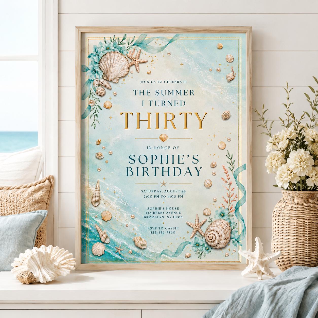 Editable Coastal Birthday Invitation Canva Template, Blue White Teens Adult Cute Fun DIY Chic Kids Party Invite, Printable Digital Download.
