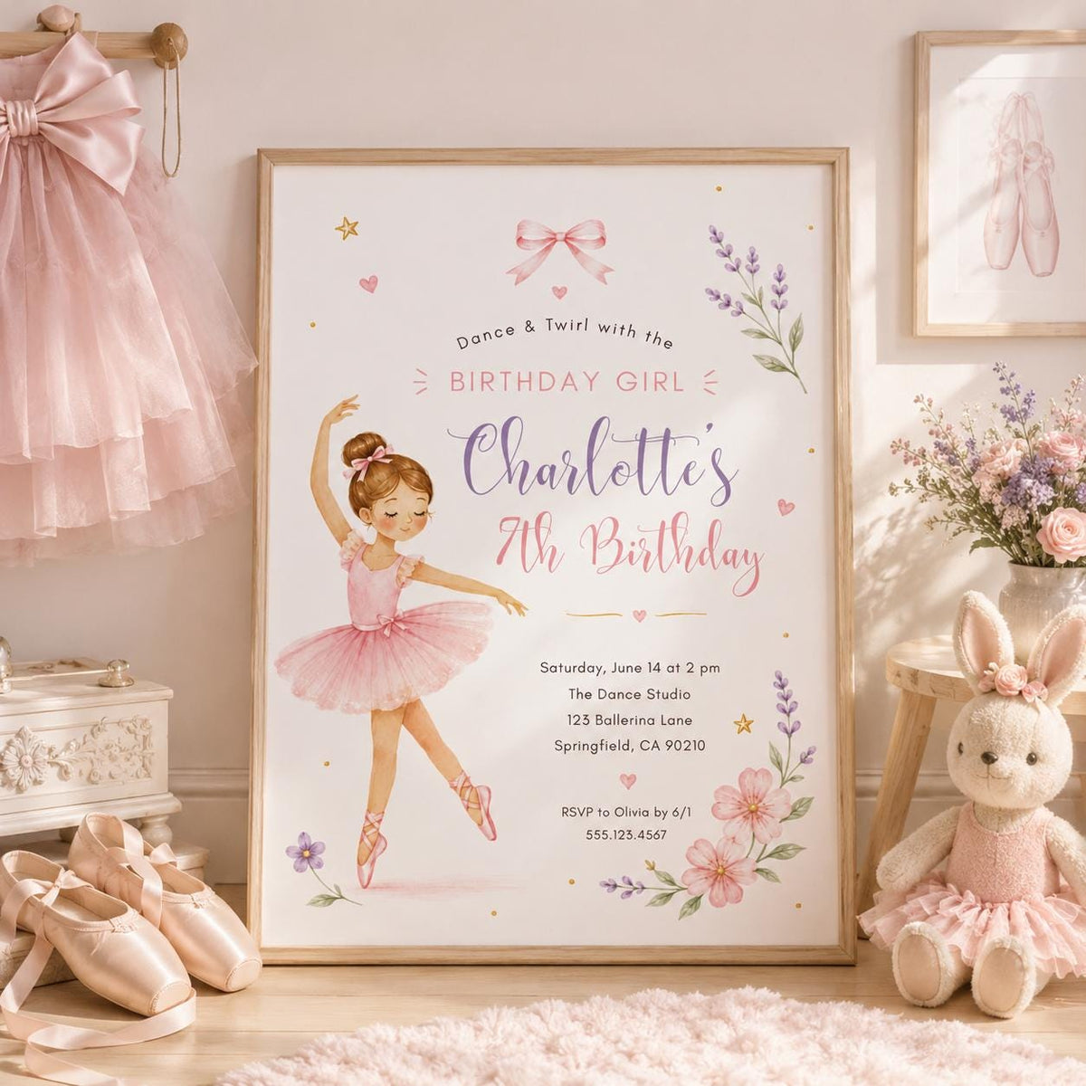 Editable Ballet Birthday Invitation Canva Template, Pink Pastel Cute Girls Fun DIY Sweet Chic Kids Party Invite, Printable Digital Download.