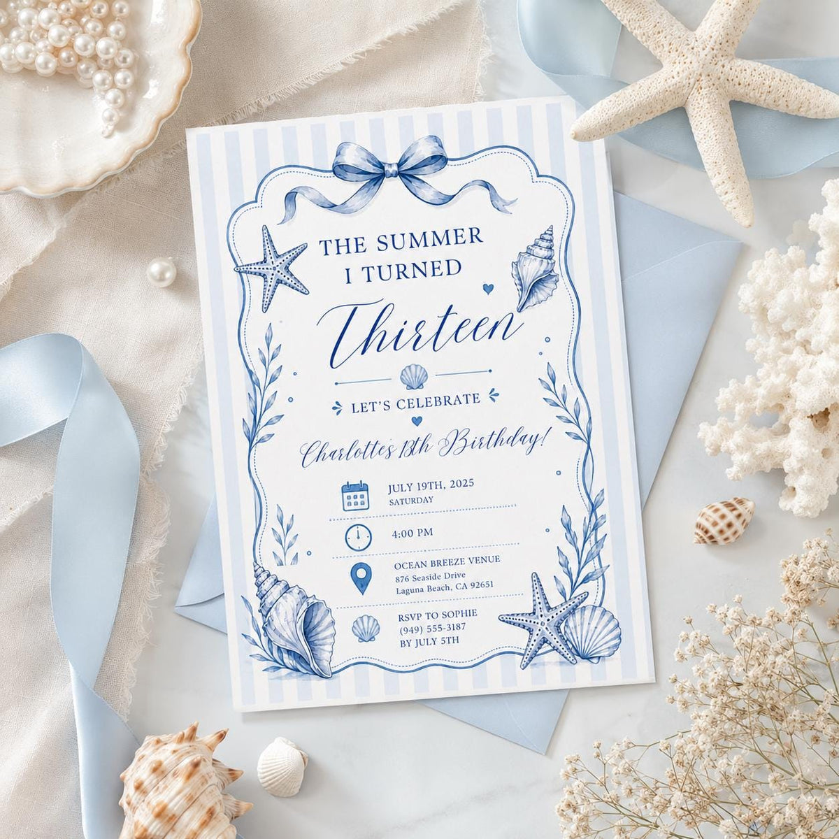 Editable Coastal Birthday Invitation Canva Template, Blue Girls Teens Beach Cute Fun DIY Chic Kids Party Invite, Printable Digital Download.