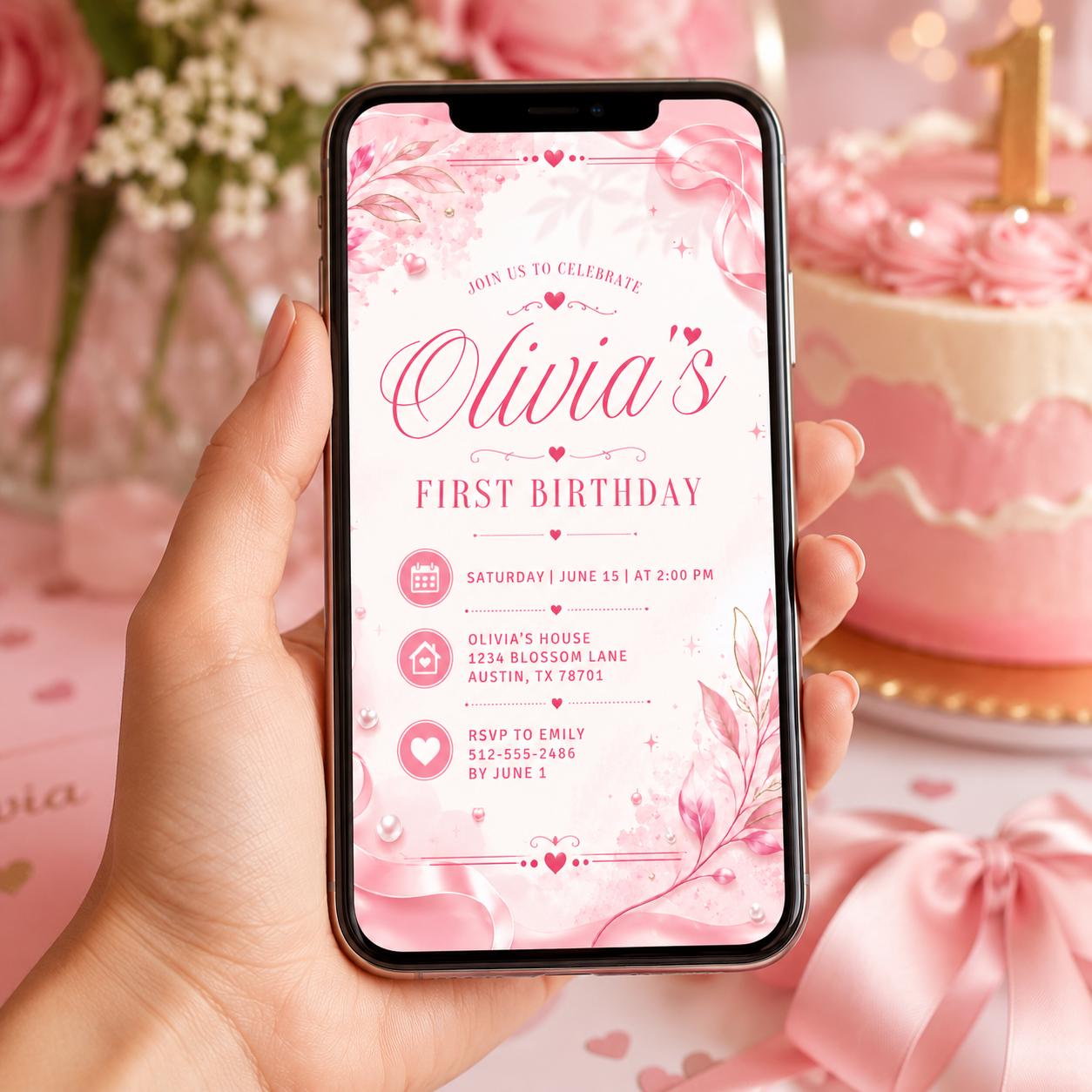 Editable Pink and Red Heart Birthday Invitation Canva Template, Retro Girls Cute Fun DIY Chic Kids Party Invite, Printable Digital Download.